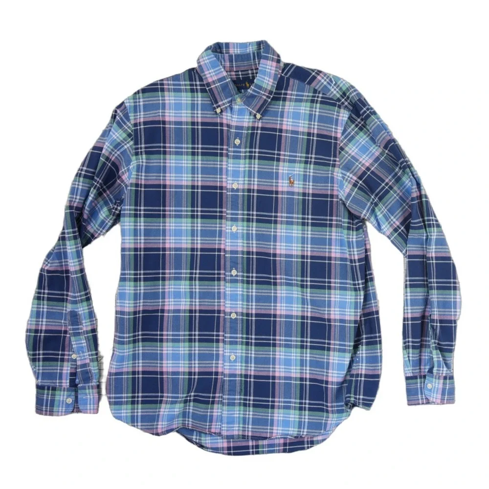 Ralph Lauren Button Down Men's Size Large Blue Green Pink Plaid Long Sleeve Pony